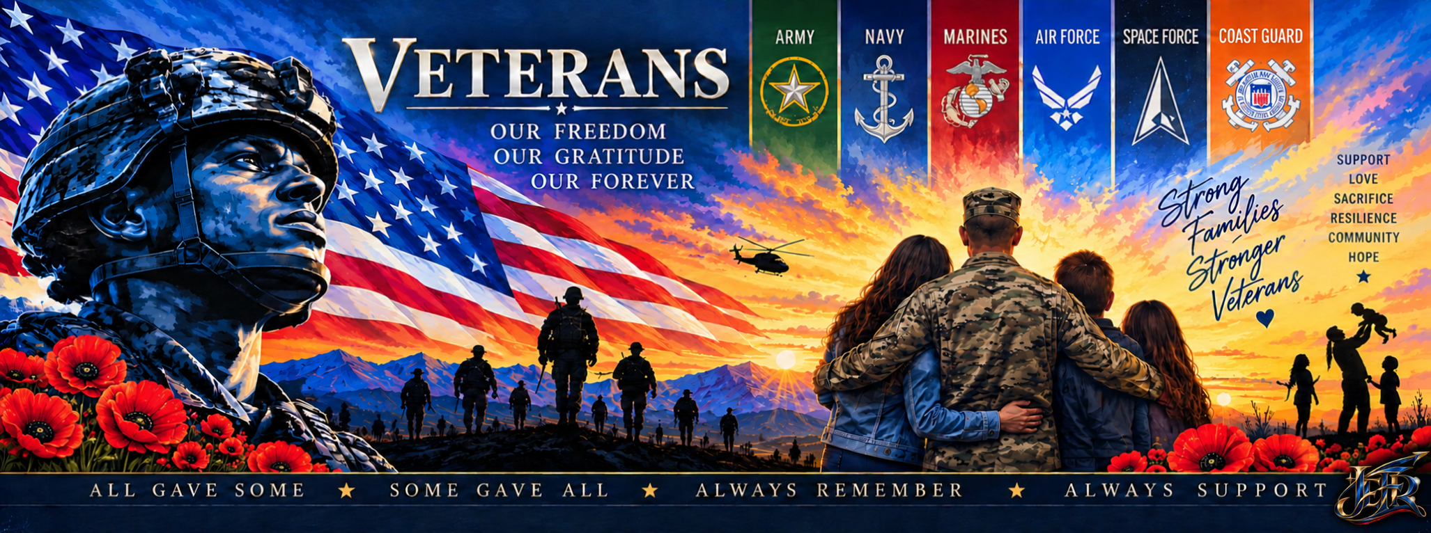 Illustrated tribute to veterans and their families, with the American flag, six service emblems, a service member embracing family, and red poppies.